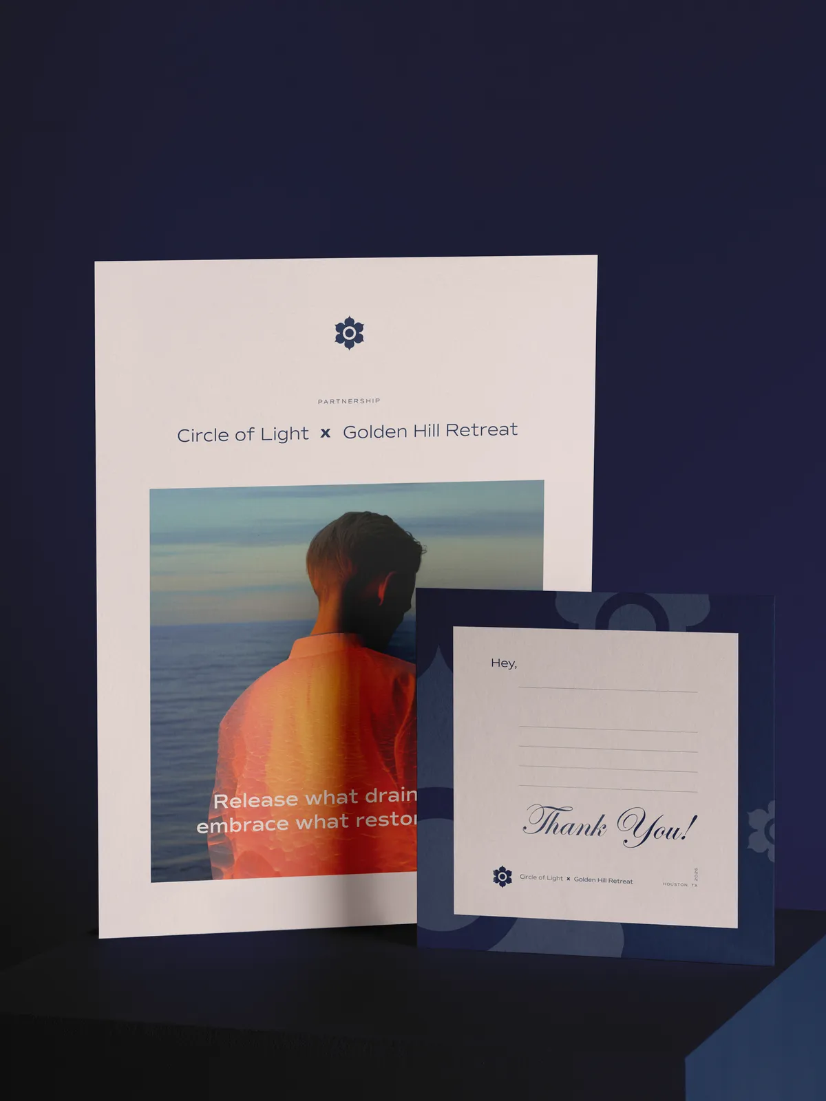 Circle of Light x Golden Hill Retreat partnership brochure and matching thank you card