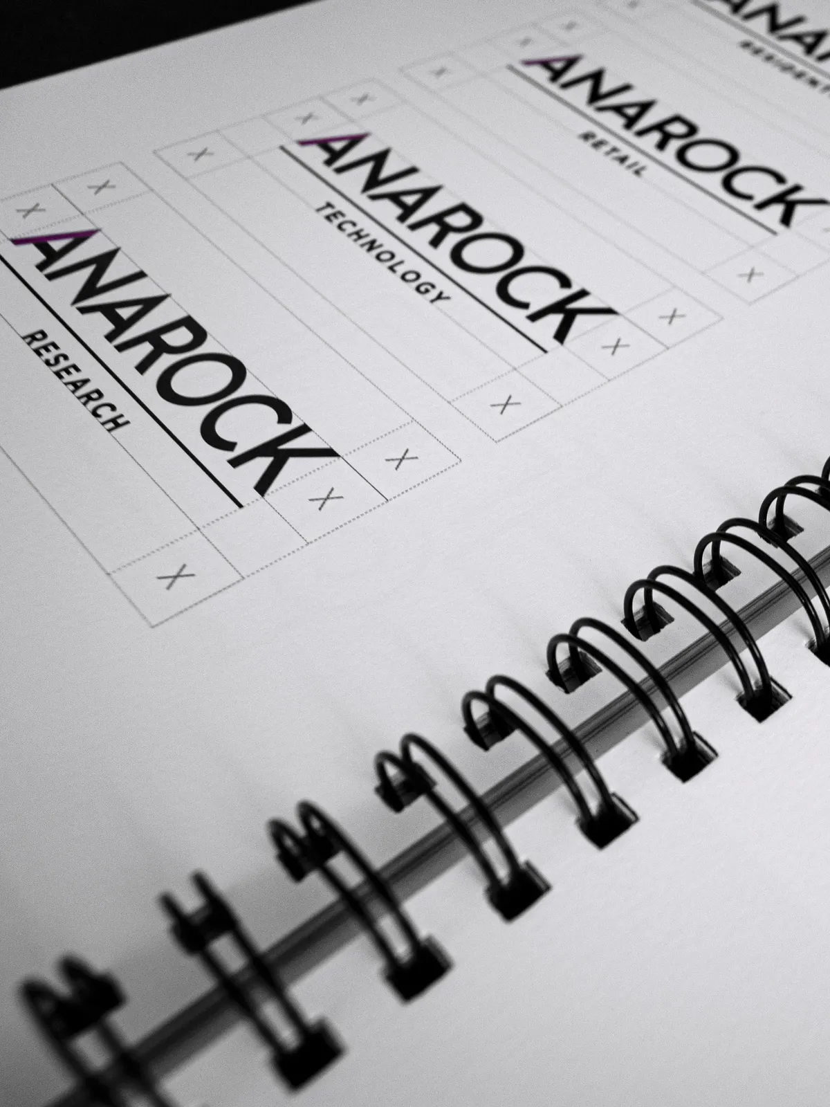 Anarock brand guideline spec sheet showing lockups for Research, Retail and Technology divisions