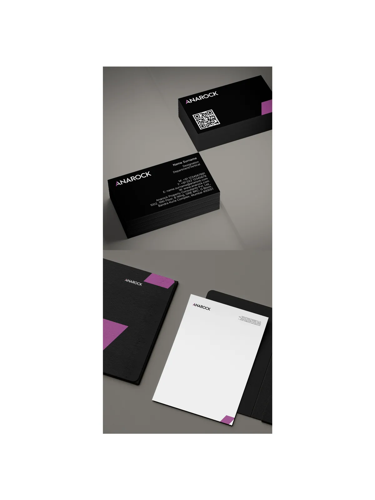 Anarock business cards, notebook and letterhead stationery mockup