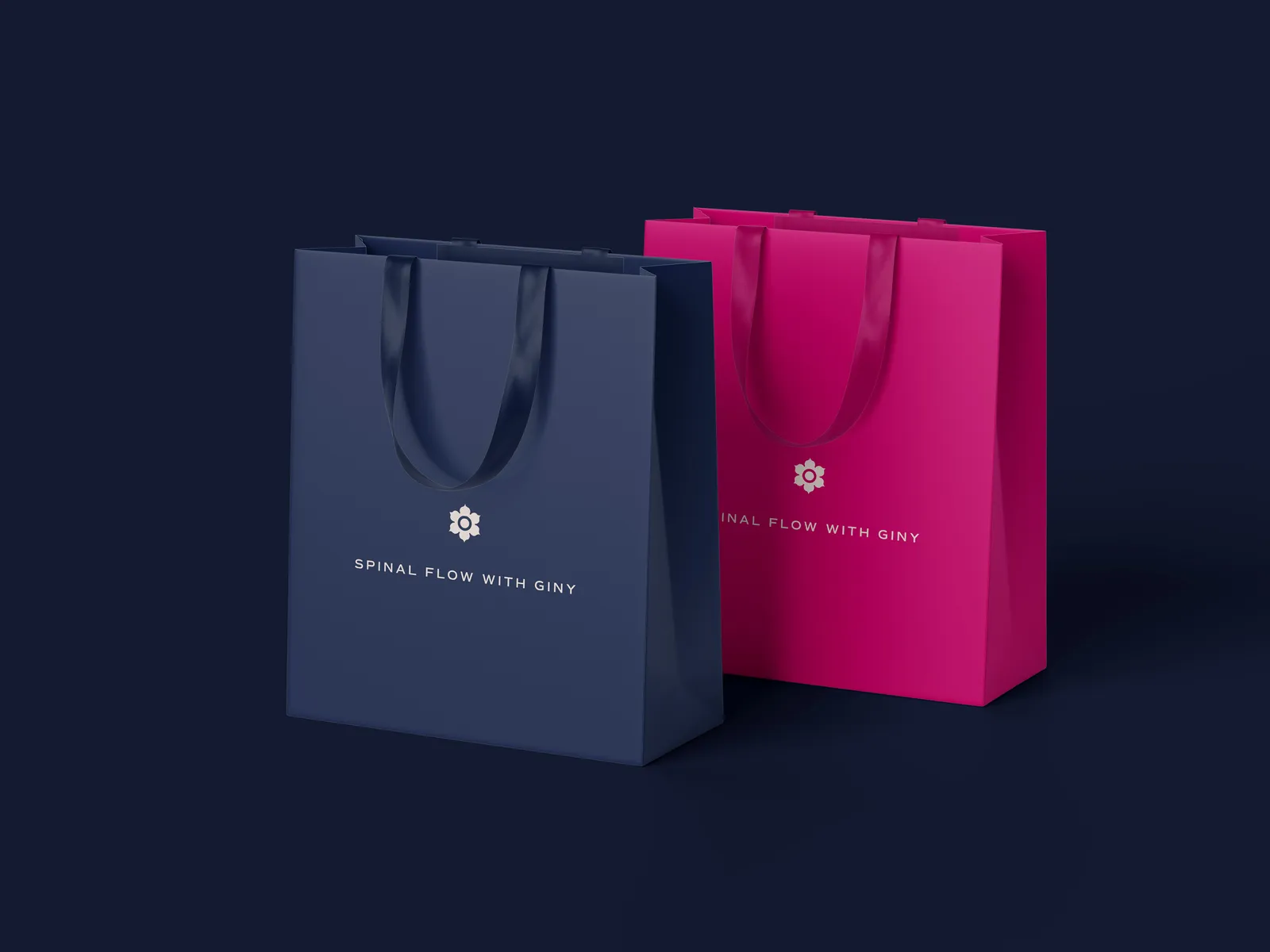 Navy and pink gift bags printed with 'Spinal Flow with Giny'