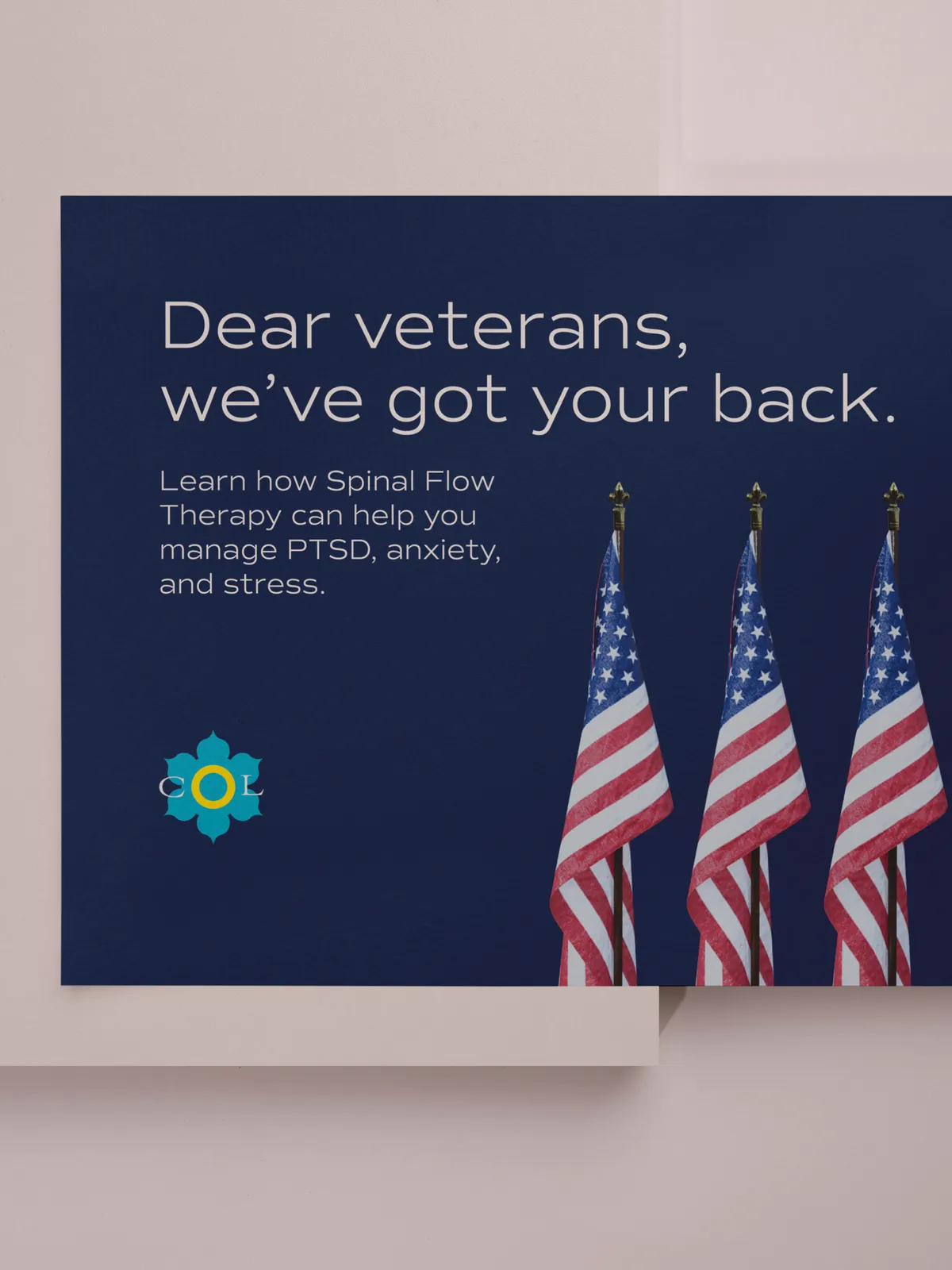 Navy poster reading 'Dear veterans, we've got your back' promoting Spinal Flow Therapy for veterans