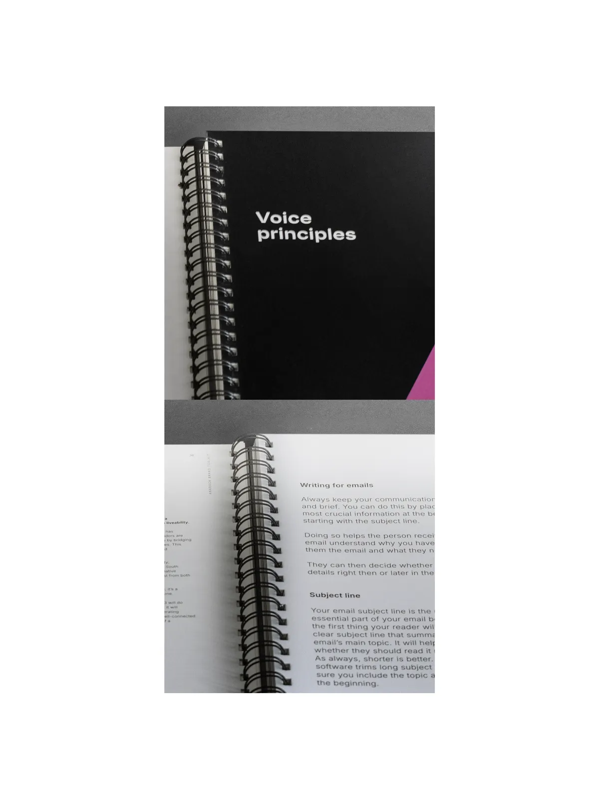 Anarock brand book pages titled 'Voice principles' and 'Writing for emails'